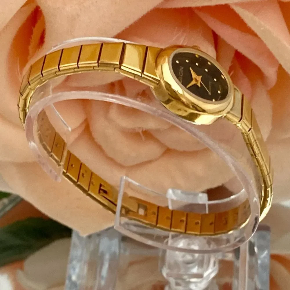 Vintage Elgin Gold-Tone Black Dial Dainty Dress Watch